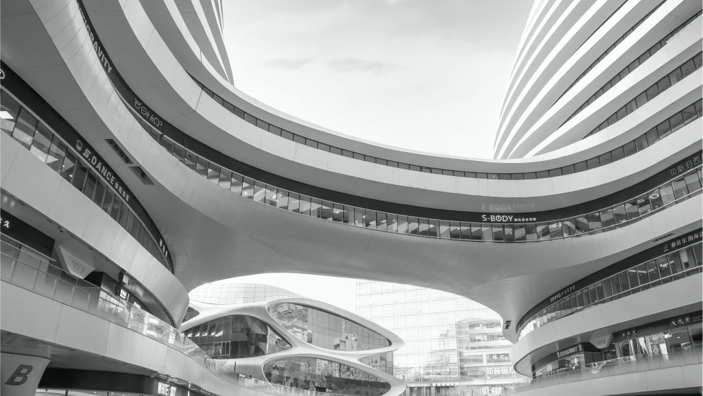 Interior of a modern multi-level shopping center